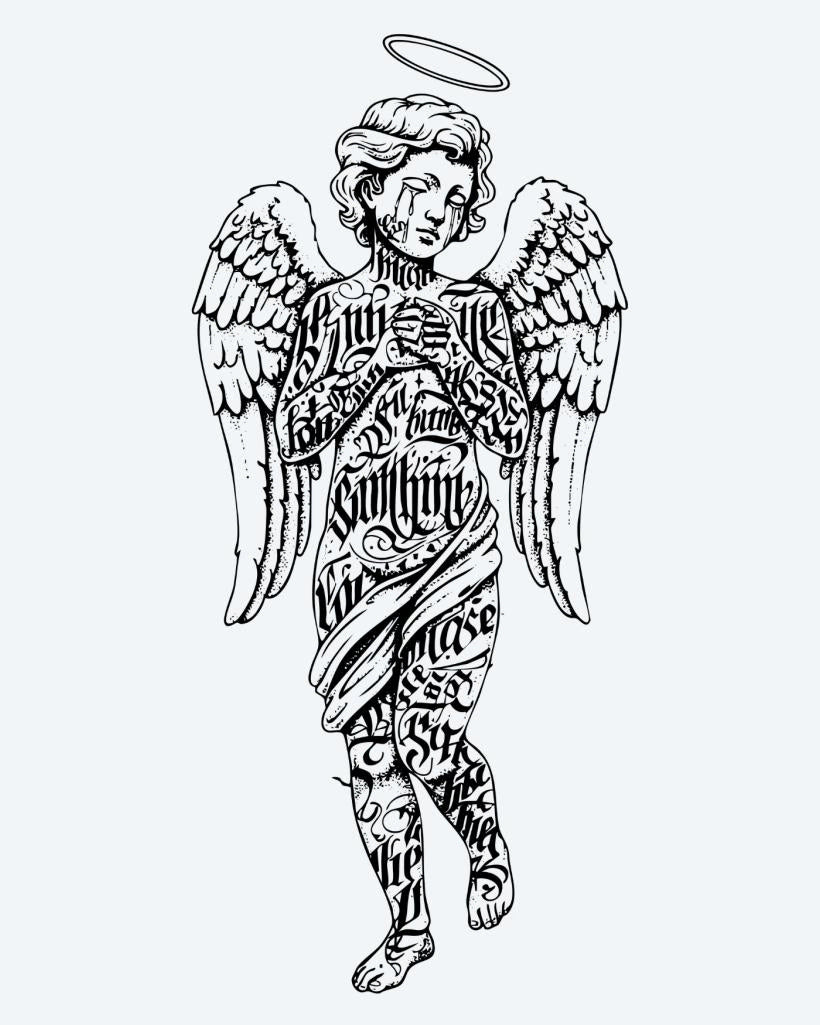 Lettered Angel semi-permanent tattoo design by INKON – winged, angel, figure, halo, covered illustration, 4 x 7 in (10x17cm), available at inkon.co