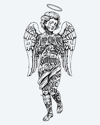 Lettered Angel semi-permanent tattoo design by INKON – winged, angel, figure, halo, covered illustration, 4 x 7 in (10x17cm), available at inkon.co