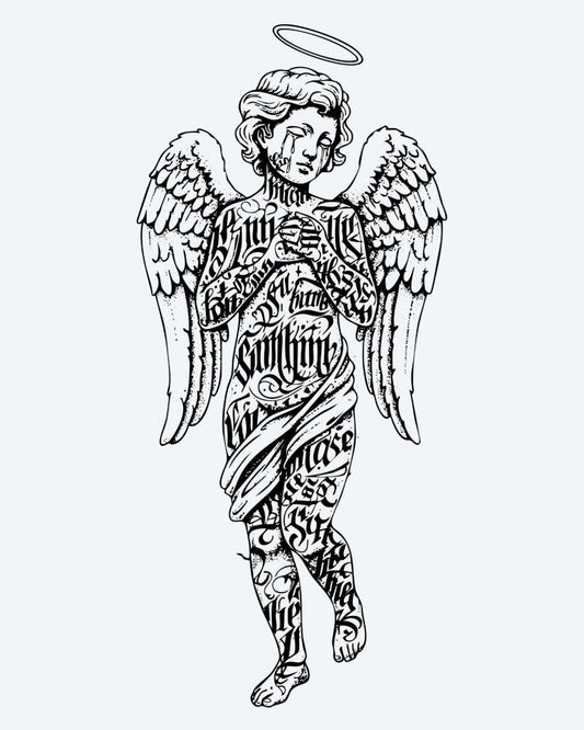 Lettered Angel semi-permanent tattoo design by INKON – winged, angel, figure, halo, covered illustration, 4 x 7 in (10x17cm), available at inkon.co