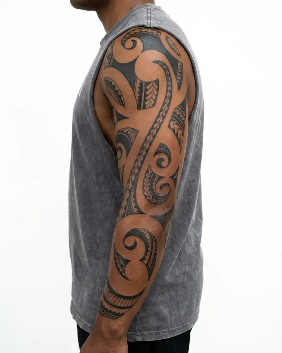 INKON Maori Spiral Sleeve semi-permanent tattoo applied on a man – 8 x 20 in (20x50cm) design, realistic ink look, lasts 10 days