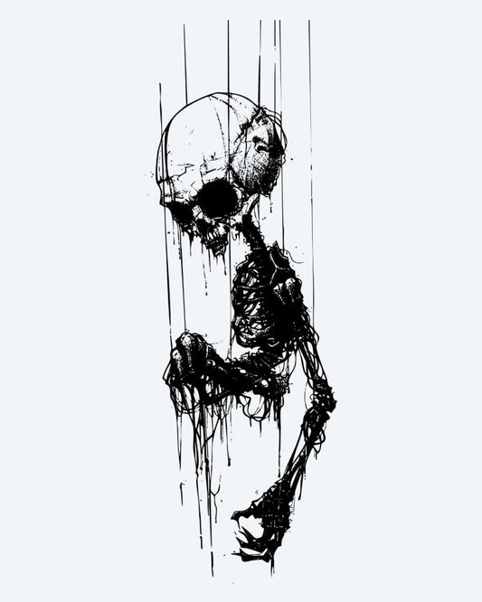 Fallen Skeleton semi-permanent tattoo design by INKON – dark, dramatic, falling, skeleton, surrounded illustration, 3 x 4 in (6x11cm), available at inkon.co