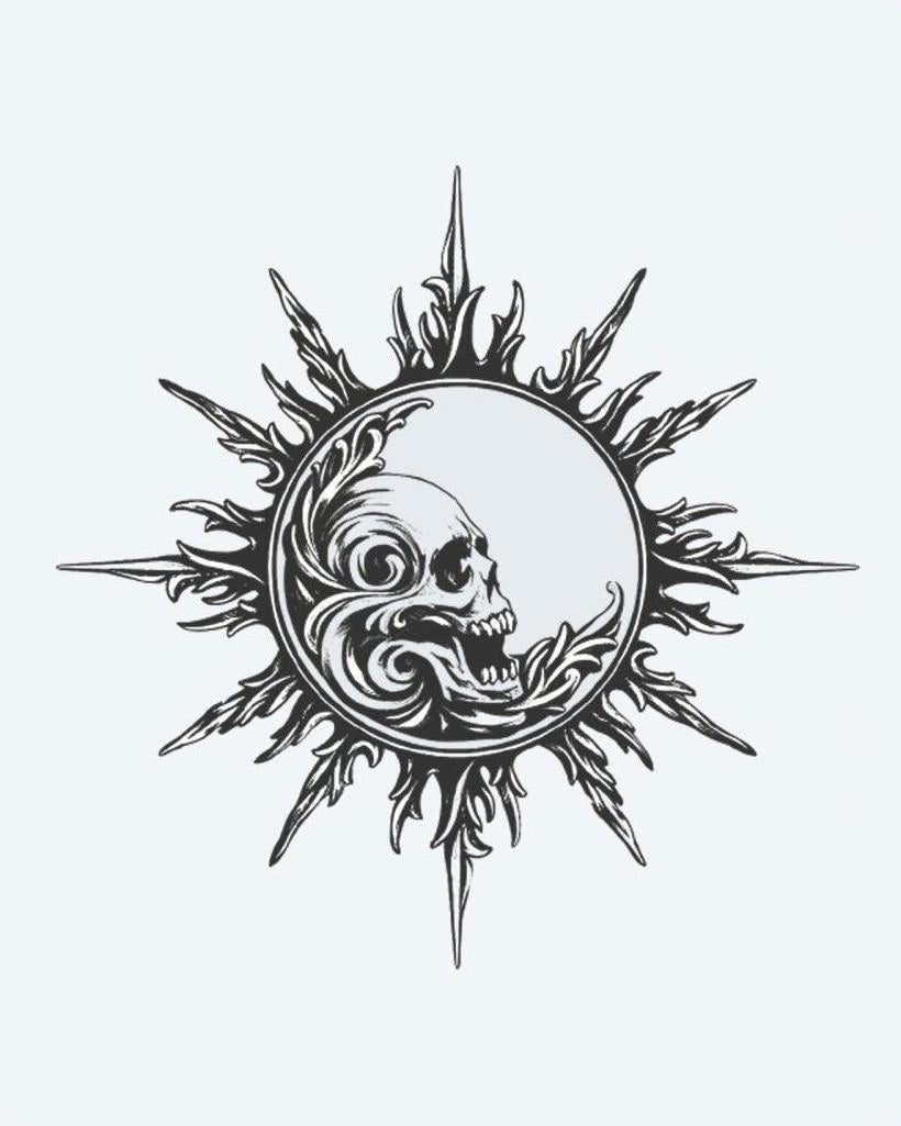 Skull Sun & Moon semi-permanent tattoo design by INKON – ornate, radiating, flame, rays, containing illustration, 4 x 4 in (9x9cm), available at inkon.co
