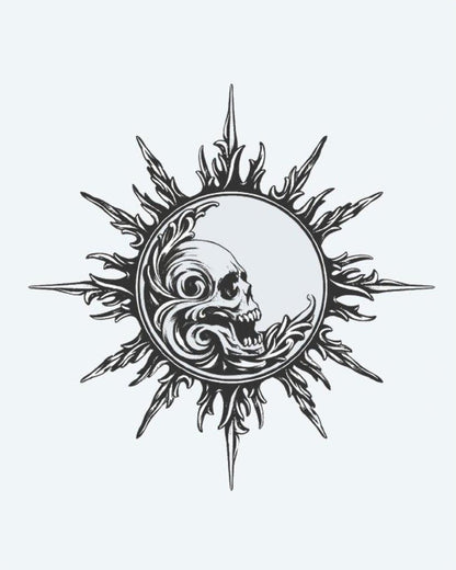Skull Sun & Moon semi-permanent tattoo design by INKON – ornate, radiating, flame, rays, containing illustration, 4 x 4 in (9x9cm), available at inkon.co