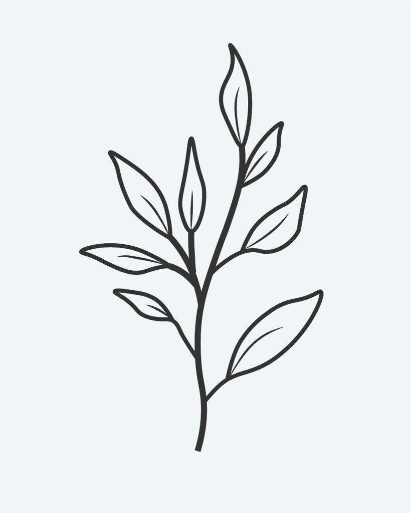 Leaf Branch semi-permanent tattoo design by INKON – botanical, branch, multiple, leaves, line illustration, 2 x 2 in (5x5cm), available at inkon.co