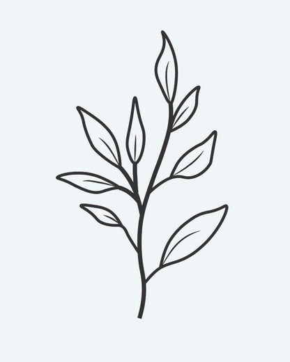 Leaf Branch semi-permanent tattoo design by INKON – botanical, branch, multiple, leaves, line illustration, 2 x 2 in (5x5cm), available at inkon.co