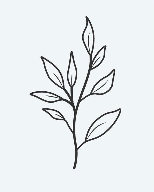 Leaf Branch semi-permanent tattoo design by INKON – botanical, branch, multiple, leaves, line illustration, 2 x 2 in (5x5cm), available at inkon.co