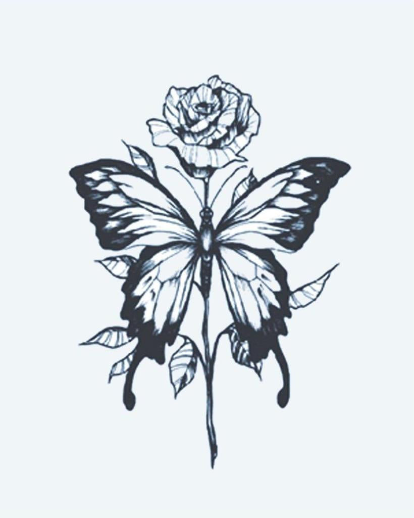 Rose & Butterfly semi-permanent tattoo design by INKON – delicate, combining, rose, bloom, butterfly illustration, 3 x 4 in (6x11cm), available at inkon.co