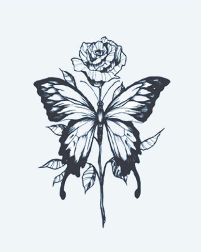 Rose & Butterfly semi-permanent tattoo design by INKON – delicate, combining, rose, bloom, butterfly illustration, 3 x 4 in (6x11cm), available at inkon.co