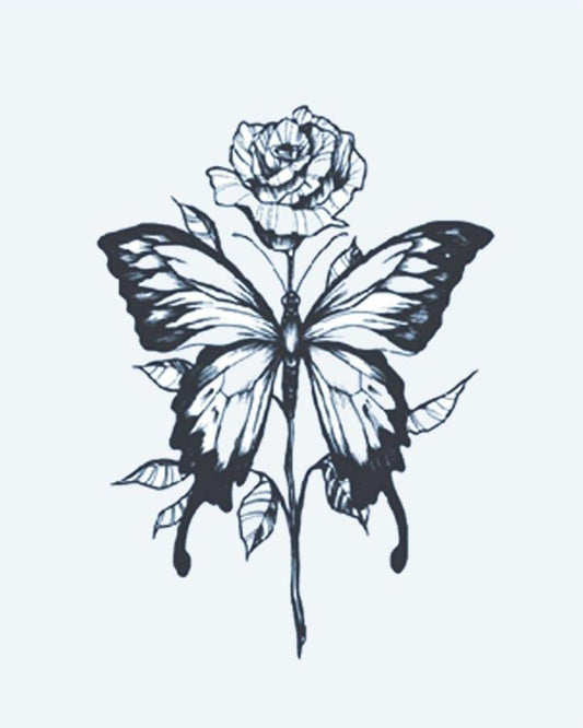 Rose & Butterfly semi-permanent tattoo design by INKON – delicate, combining, rose, bloom, butterfly illustration, 3 x 4 in (6x11cm), available at inkon.co