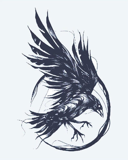Raven in Flight semi-permanent tattoo design by INKON – dynamic, raven, flight, spread, wings illustration, 4 x 7 in (10x17cm), available at inkon.co