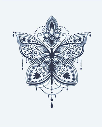 Ornamental Butterfly semi-permanent tattoo design by INKON – mandala, butterfly, lotus, flower, accents illustration, 2 x 2 in (5x5cm), available at inkon.co