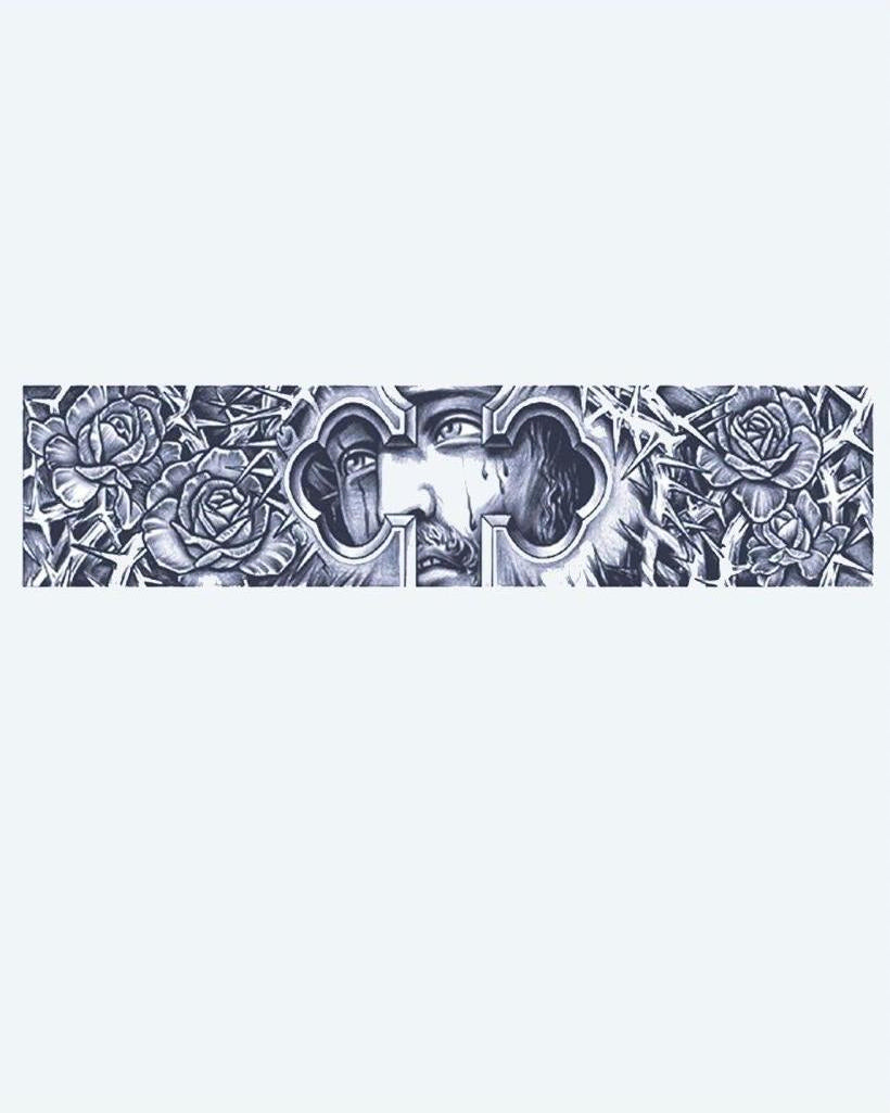 Cross, Roses & Eyes semi-permanent tattoo design by INKON – band, gothic, cross, revealing, eyes illustration, 2 x 9 in (5x23cm), available at inkon.co