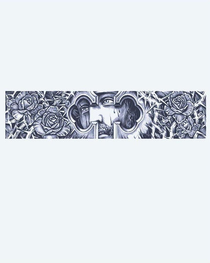 Cross, Roses & Eyes semi-permanent tattoo design by INKON – band, gothic, cross, revealing, eyes illustration, 2 x 9 in (5x23cm), available at inkon.co