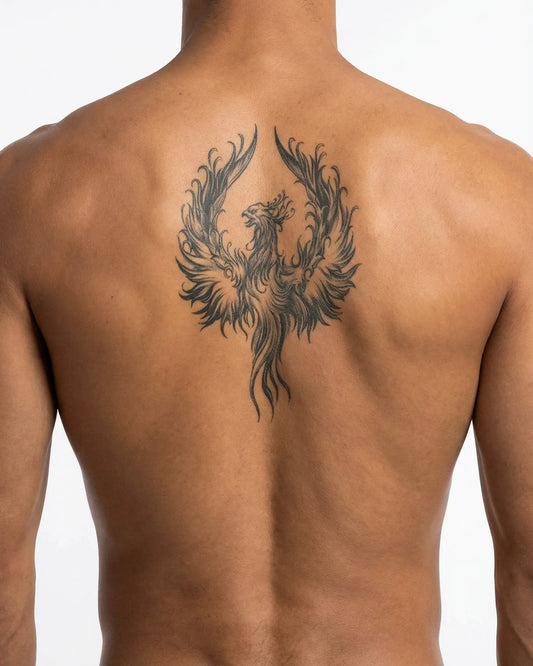INKON Phoenix Rising 2 semi-permanent tattoo applied on a man – 4 x 8 in (11x21cm) design, realistic ink look, lasts 10 days