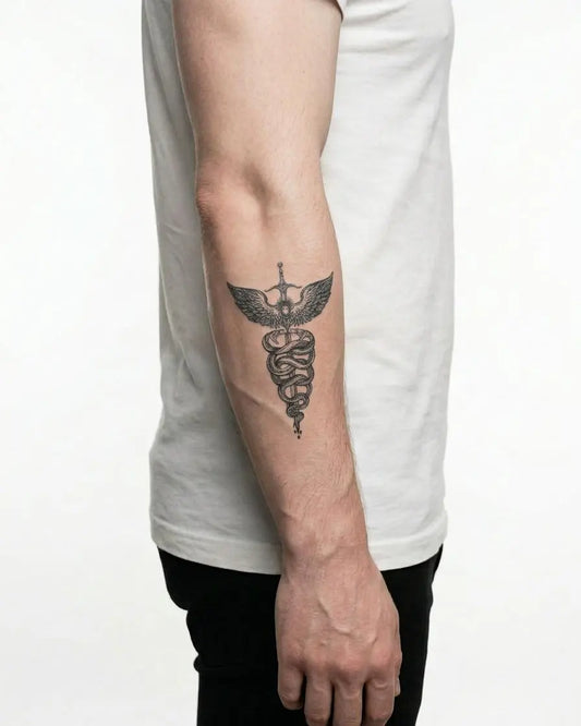 INKON Caduceus Serpents & Sword semi-permanent tattoo applied on a man – 3 x 4 in (7x10cm) design, realistic ink look, lasts 10 days