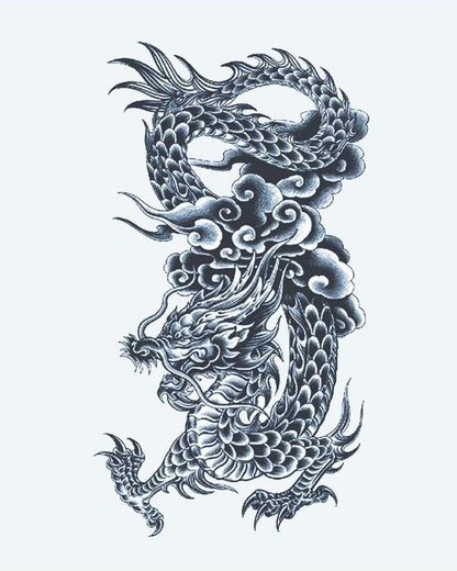 Traditional Dragon semi-permanent tattoo design by INKON – majestic, asian, dragon, scales, flowing illustration, 4 x 8 in (11x21cm), available at inkon.co