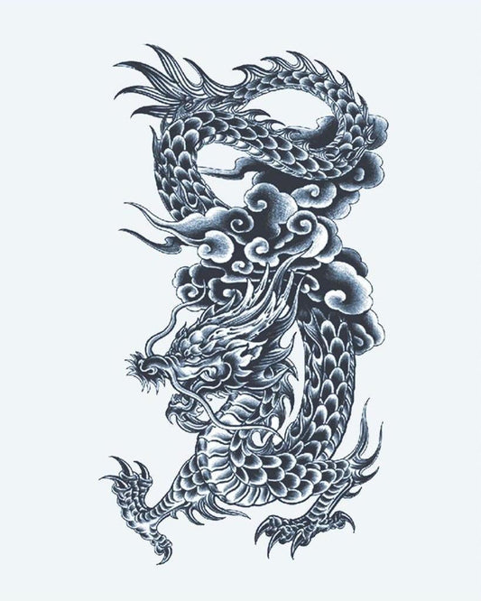 Traditional Dragon semi-permanent tattoo design by INKON – majestic, asian, dragon, scales, flowing illustration, 4 x 8 in (11x21cm), available at inkon.co