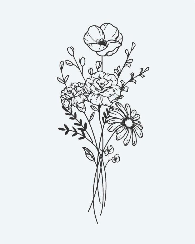 Wildflower Bouquet semi-permanent tattoo design by INKON – delicate, fine, line, tied, wildflower illustration, 3 x 4 in (6x11cm), available at inkon.co
