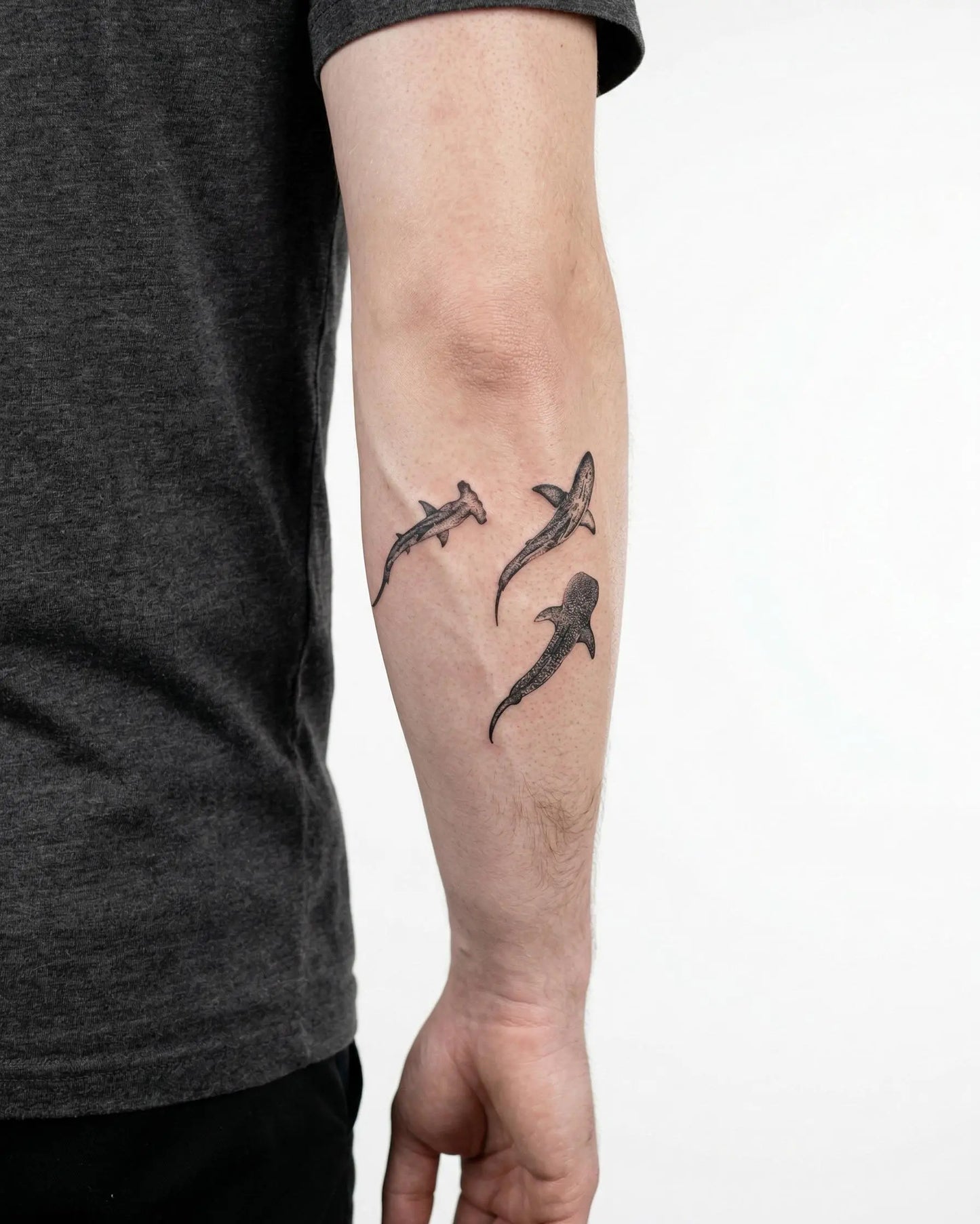 INKON Three Sharks semi-permanent tattoo applied on a man – 4 x 4 in (9x9cm) design, realistic ink look, lasts 10 days