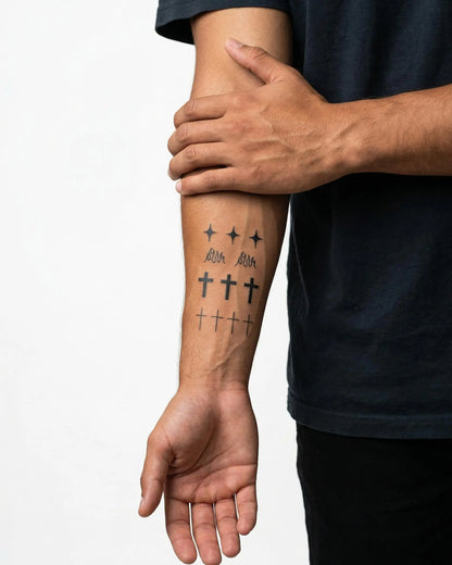 INKON Stars, Flames & Crosses semi-permanent tattoo applied on a man – 3 x 4 in (6x11cm) design, realistic ink look, lasts 10 days