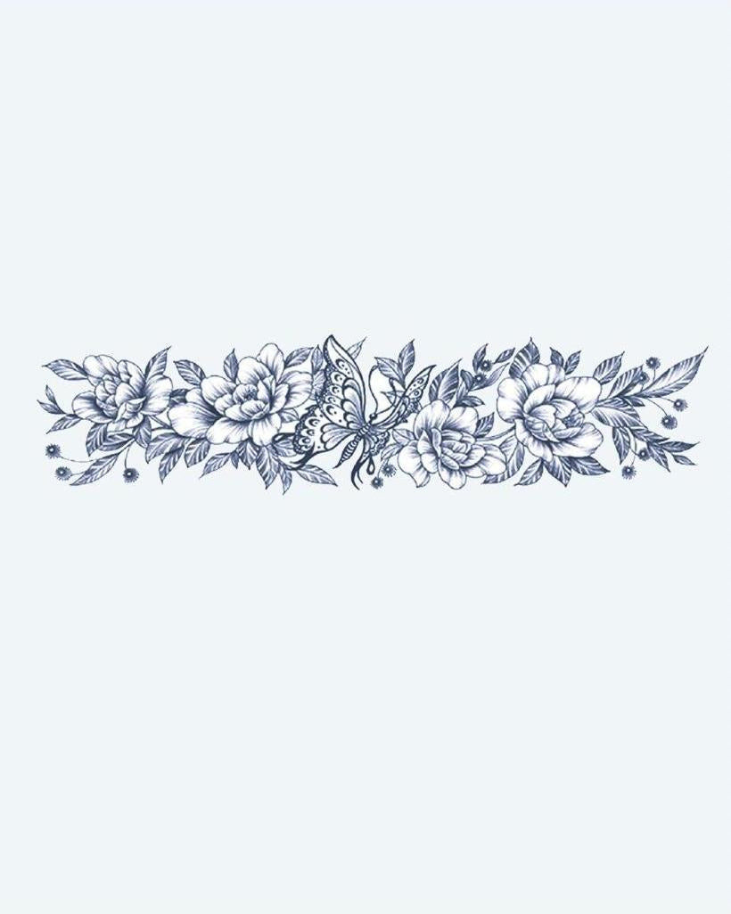 Butterfly & Peony Band semi-permanent tattoo design by INKON – delicate, floral, armband, peonies, wildflowers illustration, 2 x 9 in (5x23cm), available at inkon.co