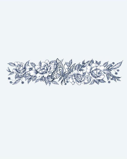 Butterfly & Peony Band semi-permanent tattoo design by INKON – delicate, floral, armband, peonies, wildflowers illustration, 2 x 9 in (5x23cm), available at inkon.co