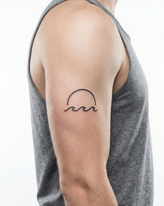 INKON Sunset & Waves semi-permanent tattoo applied on a man – 2 x 2 in (5x5cm) design, realistic ink look, lasts 10 days