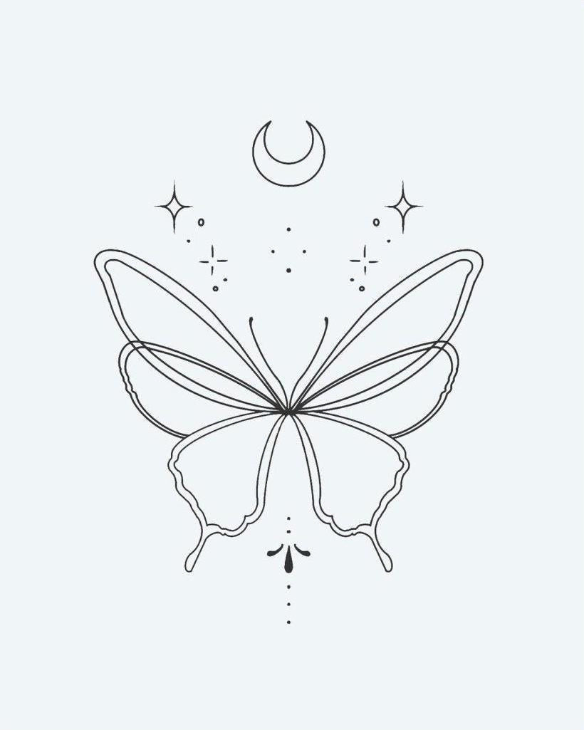 Celestial Butterfly semi-permanent tattoo design by INKON – graceful, butterfly, crescent, moon, stars illustration, 2 x 2 in (5x5cm), available at inkon.co