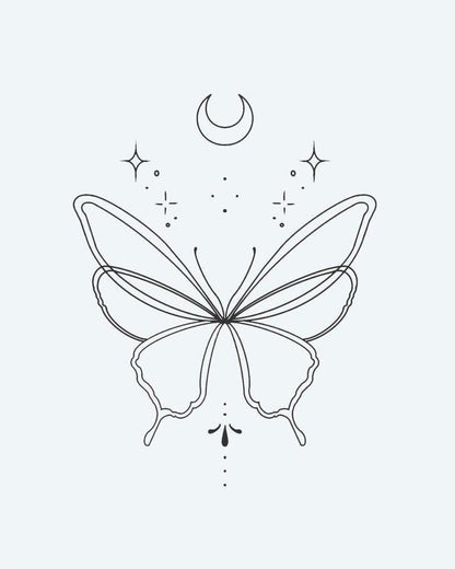 Celestial Butterfly semi-permanent tattoo design by INKON – graceful, butterfly, crescent, moon, stars illustration, 2 x 2 in (5x5cm), available at inkon.co
