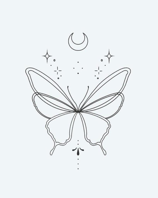 Celestial Butterfly semi-permanent tattoo design by INKON – graceful, butterfly, crescent, moon, stars illustration, 2 x 2 in (5x5cm), available at inkon.co