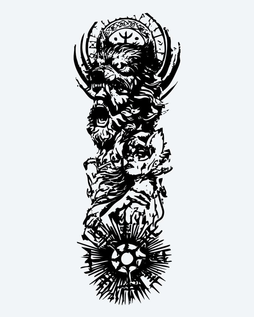 Viking Warrior Sleeve semi-permanent tattoo design by INKON – epic, norse, full, sleeve, viking illustration, 8 x 20 in (20x50cm), available at inkon.co
