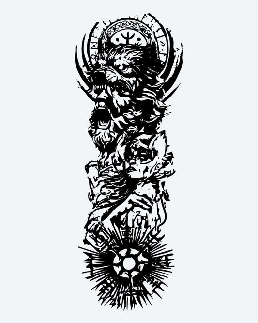 Viking Warrior Sleeve semi-permanent tattoo design by INKON – epic, norse, full, sleeve, viking illustration, 8 x 20 in (20x50cm), available at inkon.co