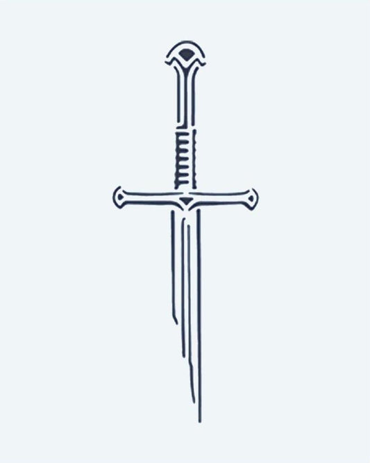 Medieval Sword semi-permanent tattoo design by INKON – medieval, longsword, crossguard, wrapped, grip illustration, 2 x 2 in (5x5cm), available at inkon.co