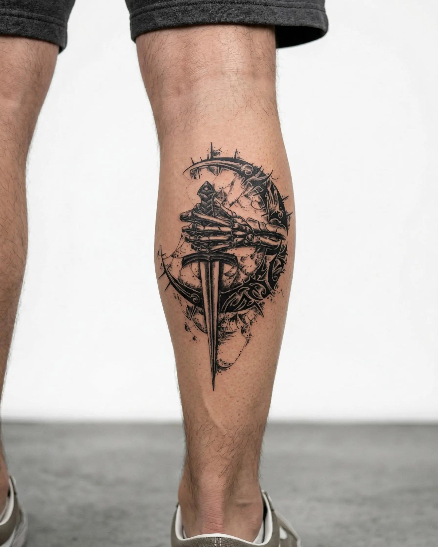 INKON Skeleton Hand & Dagger semi-permanent tattoo applied on a man – 4 x 7 in (10x17cm) design, realistic ink look, lasts 10 days