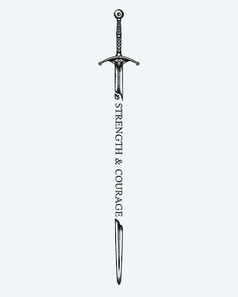 Broken Sword, Enduring Will semi-permanent tattoo design by INKON – illustrative, blackwork, details, fragmented, sword illustration, 8 x 20 in (20x50cm), available at inkon.co