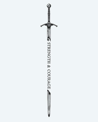 Broken Sword, Enduring Will semi-permanent tattoo design by INKON – illustrative, blackwork, details, fragmented, sword illustration, 8 x 20 in (20x50cm), available at inkon.co