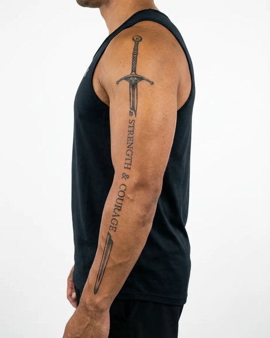 INKON Broken Sword, Enduring Will semi-permanent tattoo applied on a man – 8 x 20 in (20x50cm) design, realistic ink look, lasts 10 days