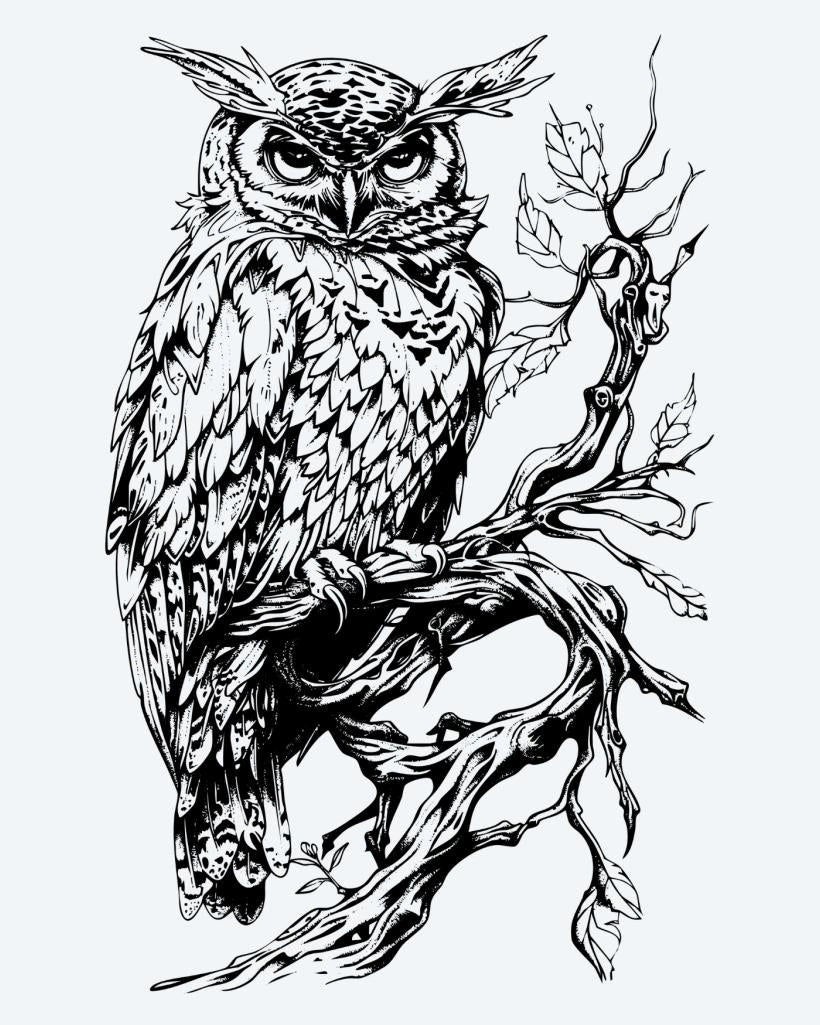 Owl on Branch semi-permanent tattoo design by INKON – highly, perched, gnarled, tree, branch illustration, 4 x 7 in (10x17cm), available at inkon.co