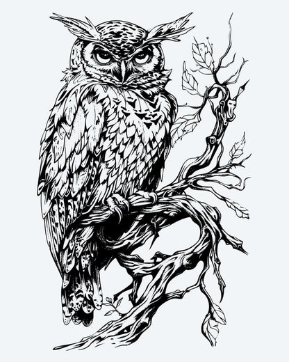 Owl on Branch semi-permanent tattoo design by INKON – highly, perched, gnarled, tree, branch illustration, 4 x 7 in (10x17cm), available at inkon.co