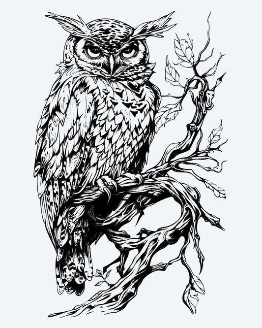 Owl on Branch semi-permanent tattoo design by INKON – highly, perched, gnarled, tree, branch illustration, 4 x 7 in (10x17cm), available at inkon.co