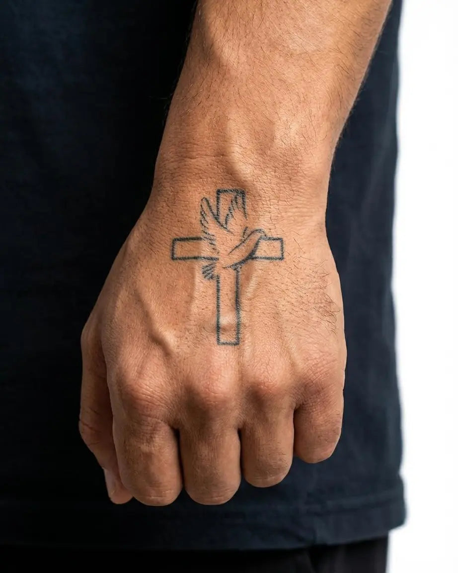 INKON Cross & Dove semi-permanent tattoo applied on a man – 2 x 2 in (5x5cm) design, realistic ink look, lasts 10 days