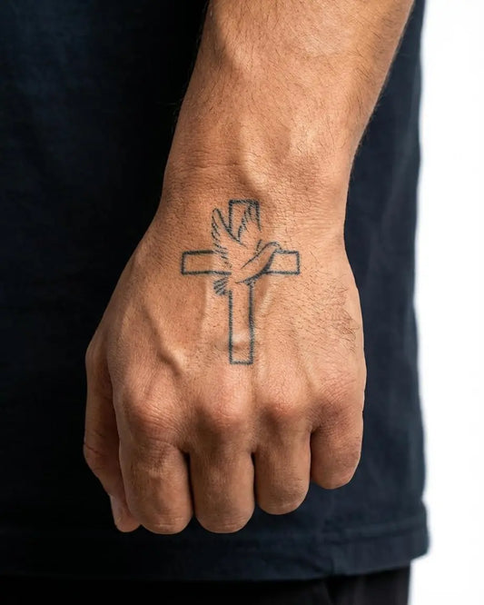 INKON Cross & Dove semi-permanent tattoo applied on a man – 2 x 2 in (5x5cm) design, realistic ink look, lasts 10 days