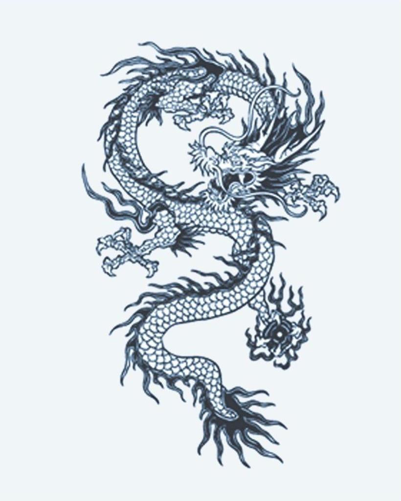 Chinese Dragon 2 semi-permanent tattoo design by INKON – sinuous, chinese, dragon, scales, claws illustration, 3 x 4 in (7x10cm), available at inkon.co