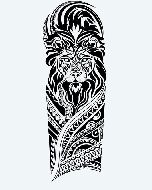 Tribal Lion semi-permanent tattoo design by INKON – majestic, tribal, lion, blending, face illustration, 8 x 20 in (20x50cm), available at inkon.co