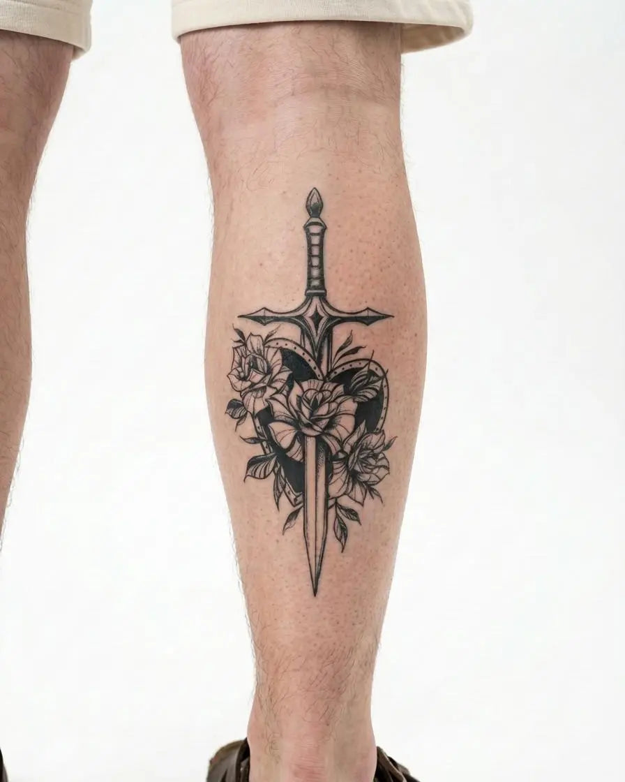 Sword & Roses Shield Realistic Temporary Tattoo for Men | INKON