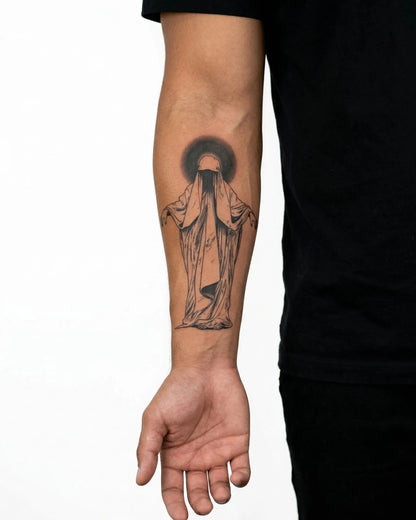 INKON Veiled Phantom semi-permanent tattoo applied on a man – 4 x 7 in (10x17cm) design, realistic ink look, lasts 10 days