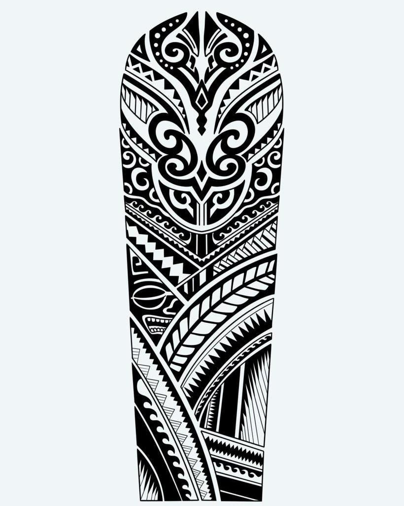 Polynesian Bold Sleeve semi-permanent tattoo design by INKON – samoan, packed, patterns, sharp, edges illustration, 8 x 20 in (20x50cm), available at inkon.co