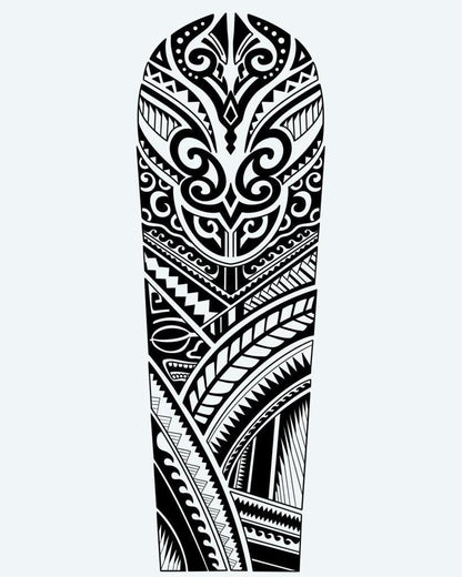 Polynesian Bold Sleeve semi-permanent tattoo design by INKON – samoan, packed, patterns, sharp, edges illustration, 8 x 20 in (20x50cm), available at inkon.co