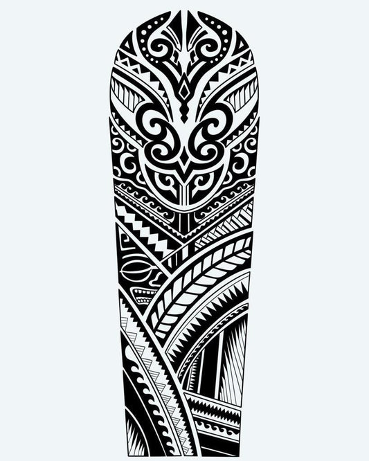 Polynesian Bold Sleeve semi-permanent tattoo design by INKON – samoan, packed, patterns, sharp, edges illustration, 8 x 20 in (20x50cm), available at inkon.co