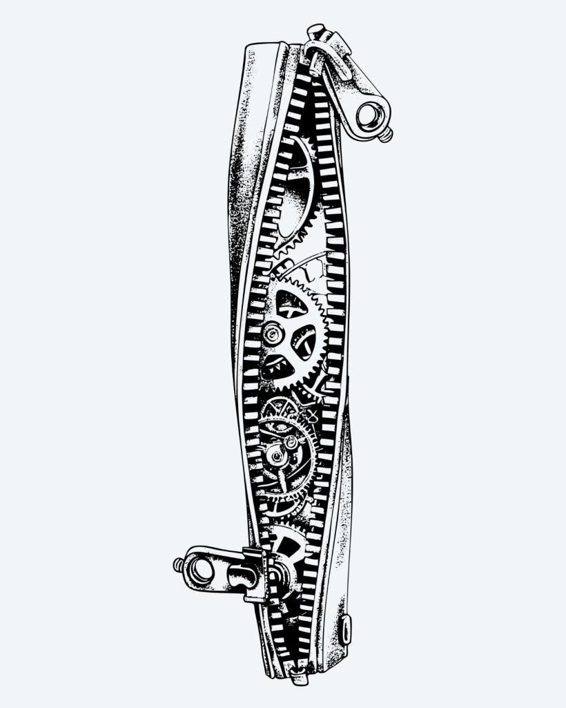 Steampunk Gears Band semi-permanent tattoo design by INKON – steampunk, mechanical, gears, cogs, horizontal illustration, 4 x 8 in (11x21cm), available at inkon.co